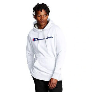 CHAMPION Powerblend Fleece Graphic Pullover Hoodie White Kangaroo Pocket 2XL NEW